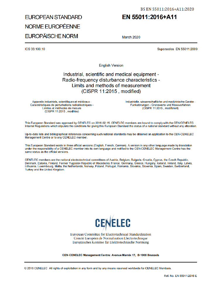 EN 55011:2016+A11:2020工业、科学和医疗(ISM)射频设备 骚扰特性 限值和测量方法