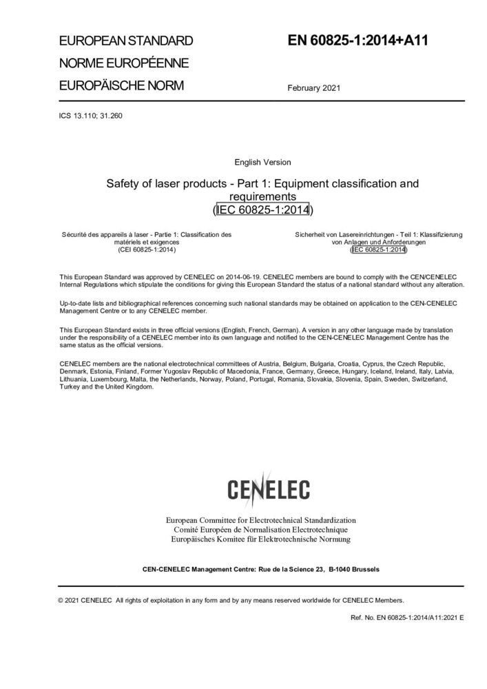 EN 60825-1: 2014+A11:2021激光产品的安全 第1部分：设备分类、要求